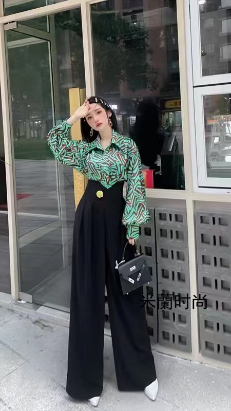 60966-C-2-5-4 新款米蘭女装显瘦百搭复古气质女人味印花小衫衬衣