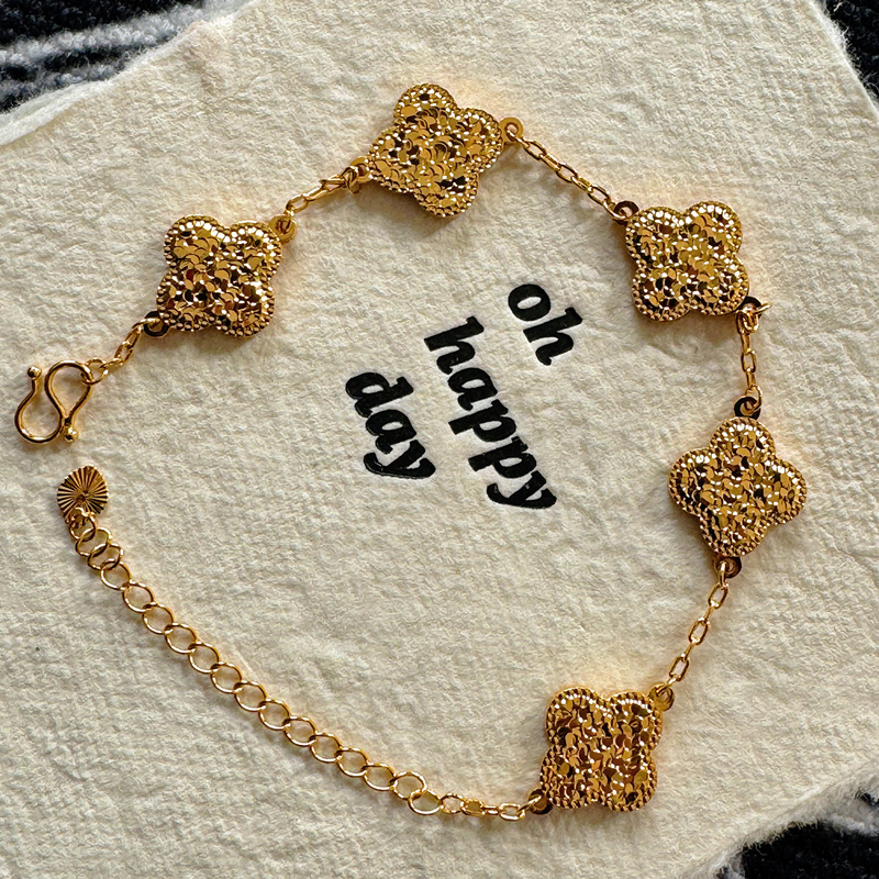 铜合金手链 新中式四叶草双面镭射碎碎冰五花手链