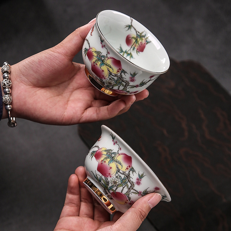 珐琅彩茶杯家用复古大号主人杯高档描金功夫茶具品茗杯九桃单杯子
