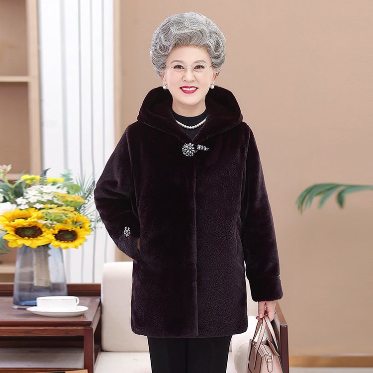 中老年妈妈装仿貂皮草外套冬装连帽防寒保暖棉衣时尚加厚大码女装