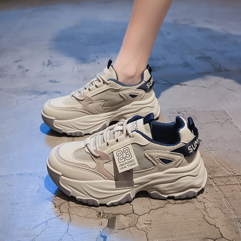 厚底增高老爹鞋女秋季2023新款百搭网面透气小白鞋休闲运动鞋女