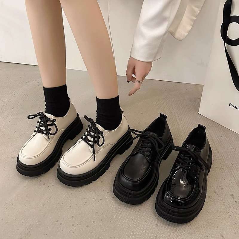 小皮鞋女2023年秋季新款圆头厚底百搭英伦风系带增高复古单鞋女