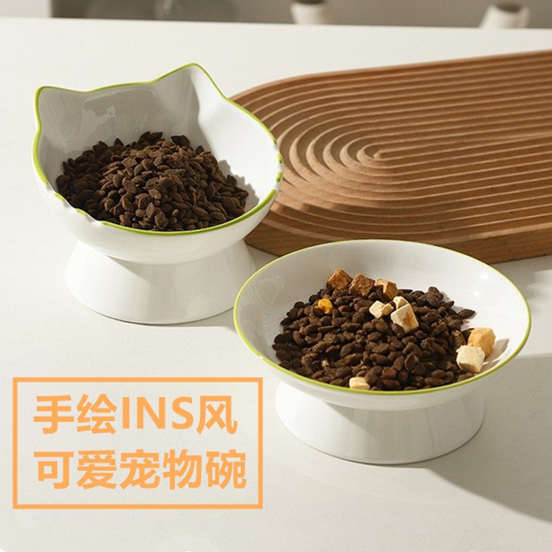 手绘韩国ins陶瓷猫碗护颈椎狗碗 猫猫食盆高脚宠物碗饮水碗猫粮碗