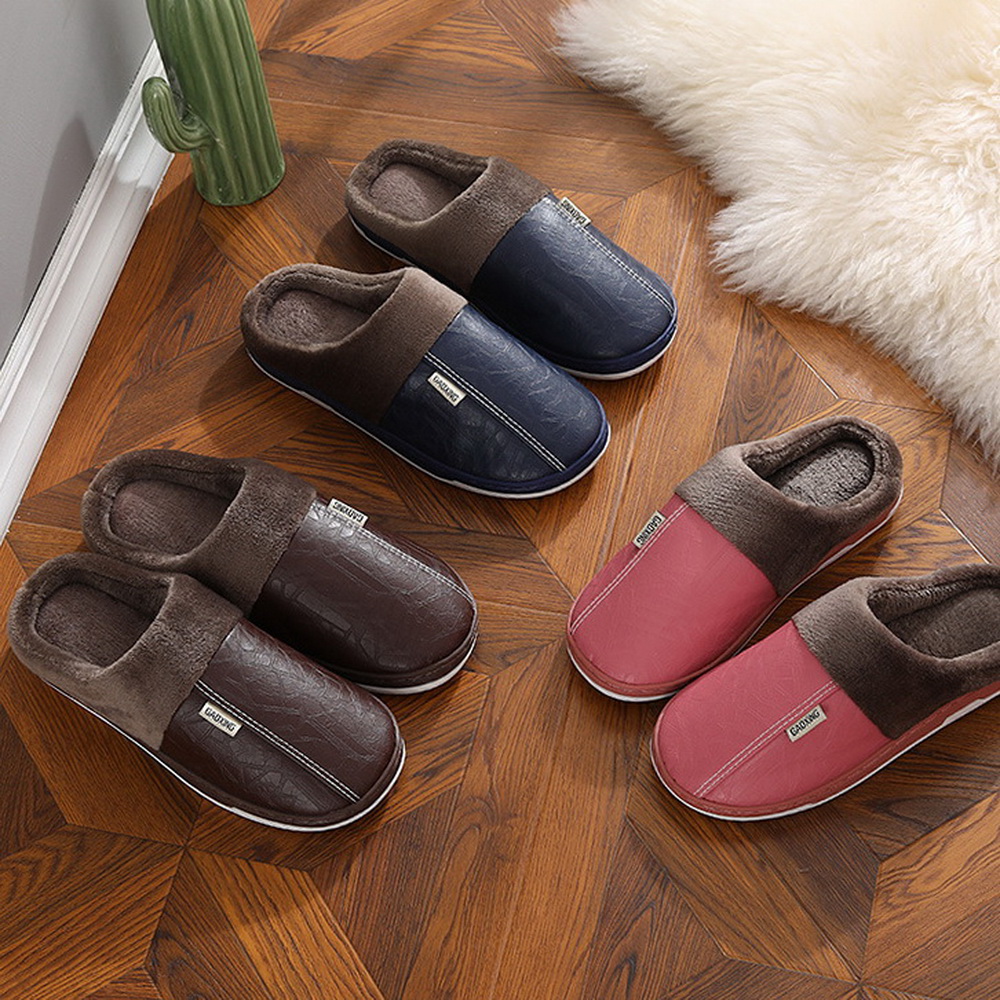 防水厚底棉拖鞋秋冬季情侣包跟保暖加绒软底防滑居家PU皮面皮拖鞋