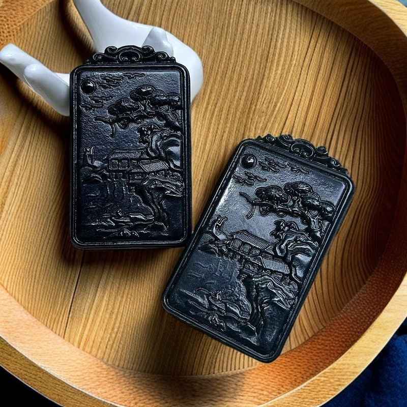 H4497【福嘟嘟】玄青帝王青和田玉山水牌吊坠-带珠链-多样性发一件