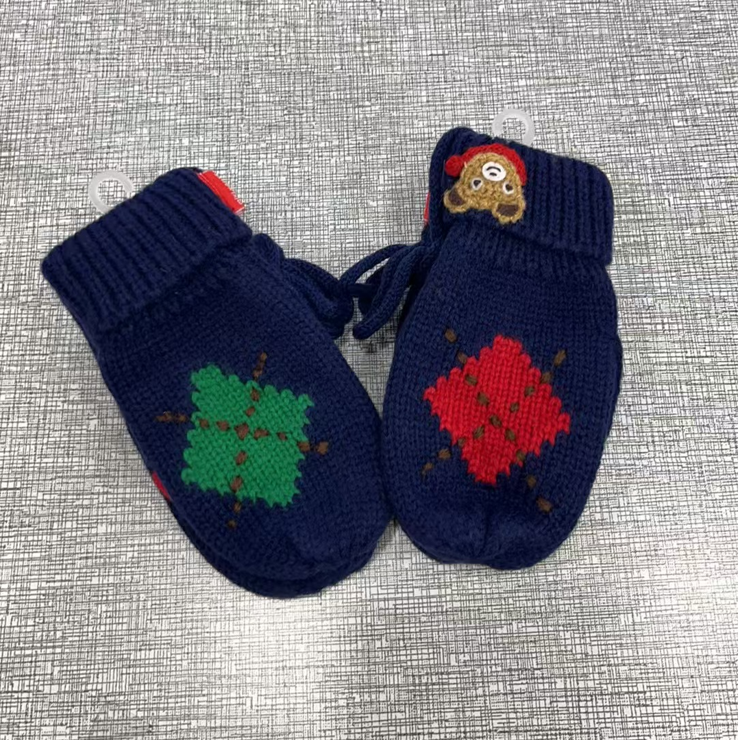 儿童小熊小兔冬季保暖棉线编织可爱卡通可挂脖宝宝五指小手套秋冬