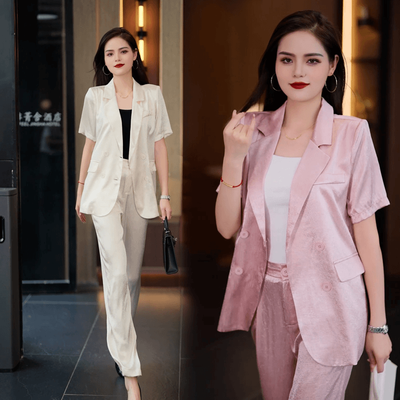 夏季新款短袖西装套装薄款女2024显白显瘦凉感休闲气质时尚两件套