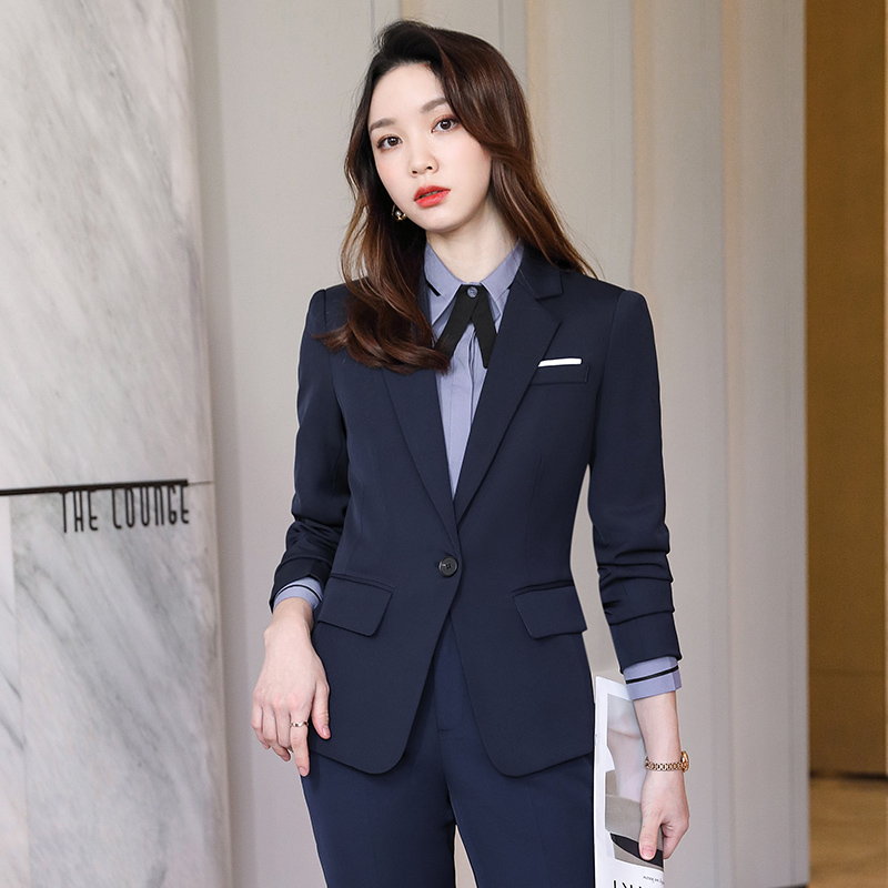 春秋冬职业气质上班前台商务西装女士蓝色西服外套酒店前台工作服