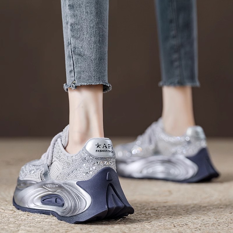 赫莉莲欧货水钻厚底透气老爹鞋女秋2025新款镂空休闲重工运动网鞋