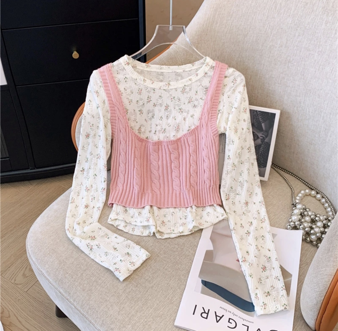 小清新碎花圆领罩衫长袖上衣女春夏弧形下摆纯欲辣妹微透防晒t恤