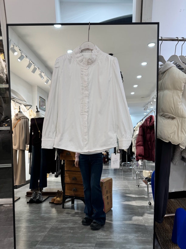 复古高级感木耳边立领长袖纯色衬衫女秋季