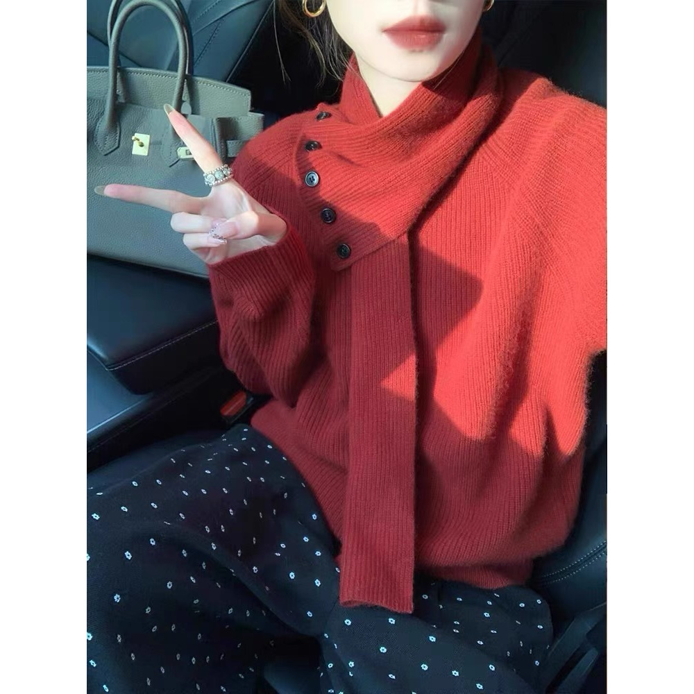 红色圣诞围巾领宽松软糯针织毛衣女深秋初冬跨年穿搭上衣2024新款