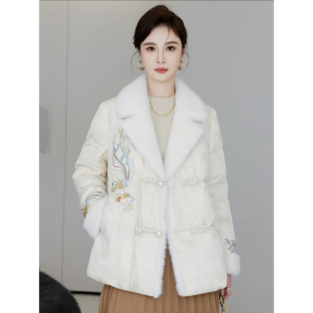 波司澄羽绒服外套女装中长款中国风冬季新款海宁仿貂毛皮草白鸭绒