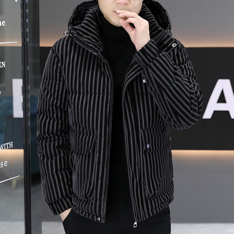 波司澄新款连帽条纹短款加厚棉衣男士冬季休闲棉袄韩版潮流青户外