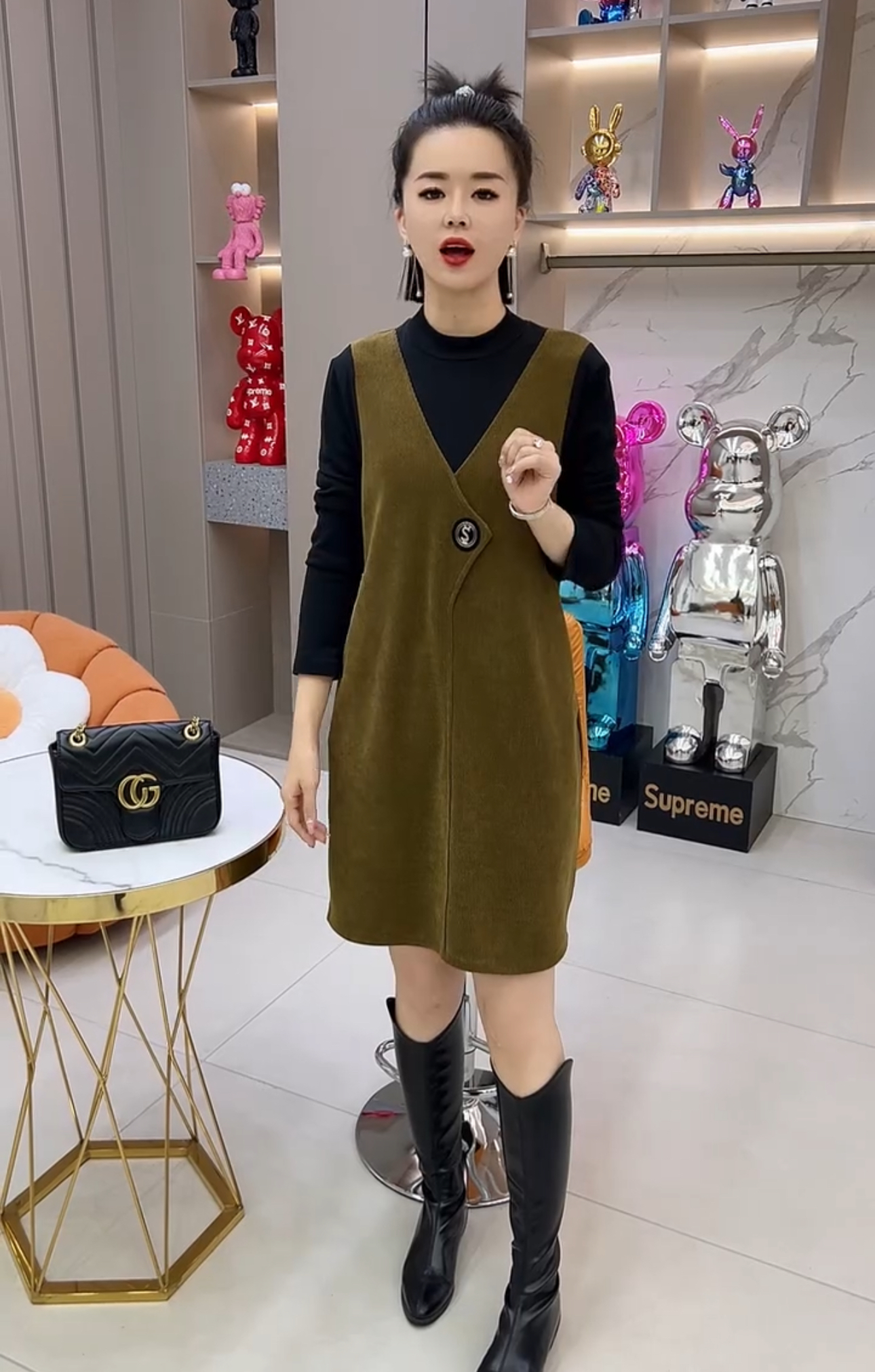 新款雪尼尔连衣裙拼接时尚气质显瘦中长款洋气高档假两件长袖裙子