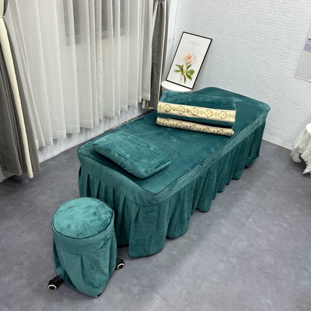深绿水晶绒宝绒加厚美容床品四件套按摩推拿理疗SPA会所绿色套装