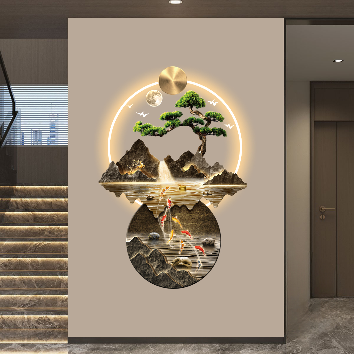 九条鱼迎客松玄关LED氛围时尚个性装饰手工防水定制金山过道挂画
