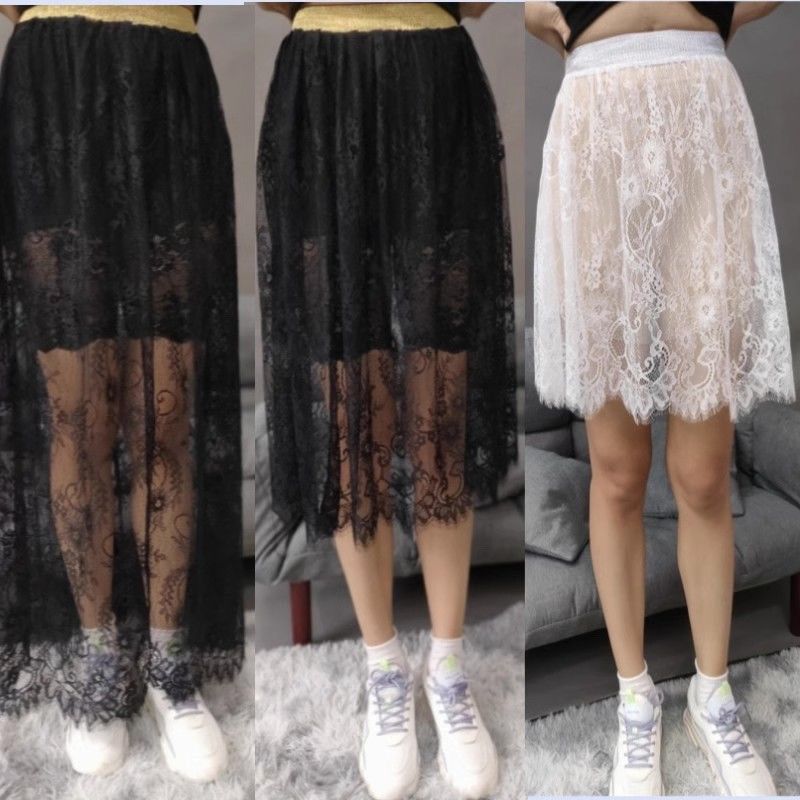蕾丝裙子半身裙可穿单层中长款新款百搭透视纱裙长裙打底网纱衬裙