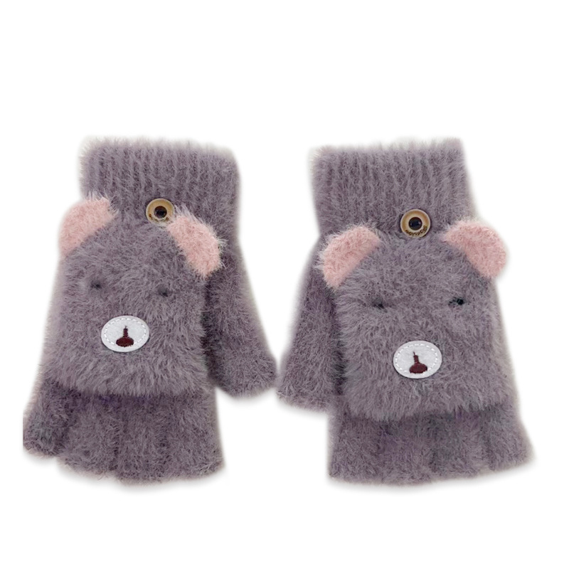 手套女学生韩版可爱冬季骑车女士半指手套写字加厚加绒秋季保暖天