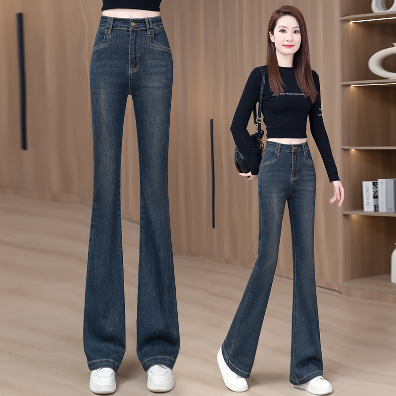微喇牛仔裤弹力复古女裤子春秋季2025新款高腰直筒窄版喇叭裤8012