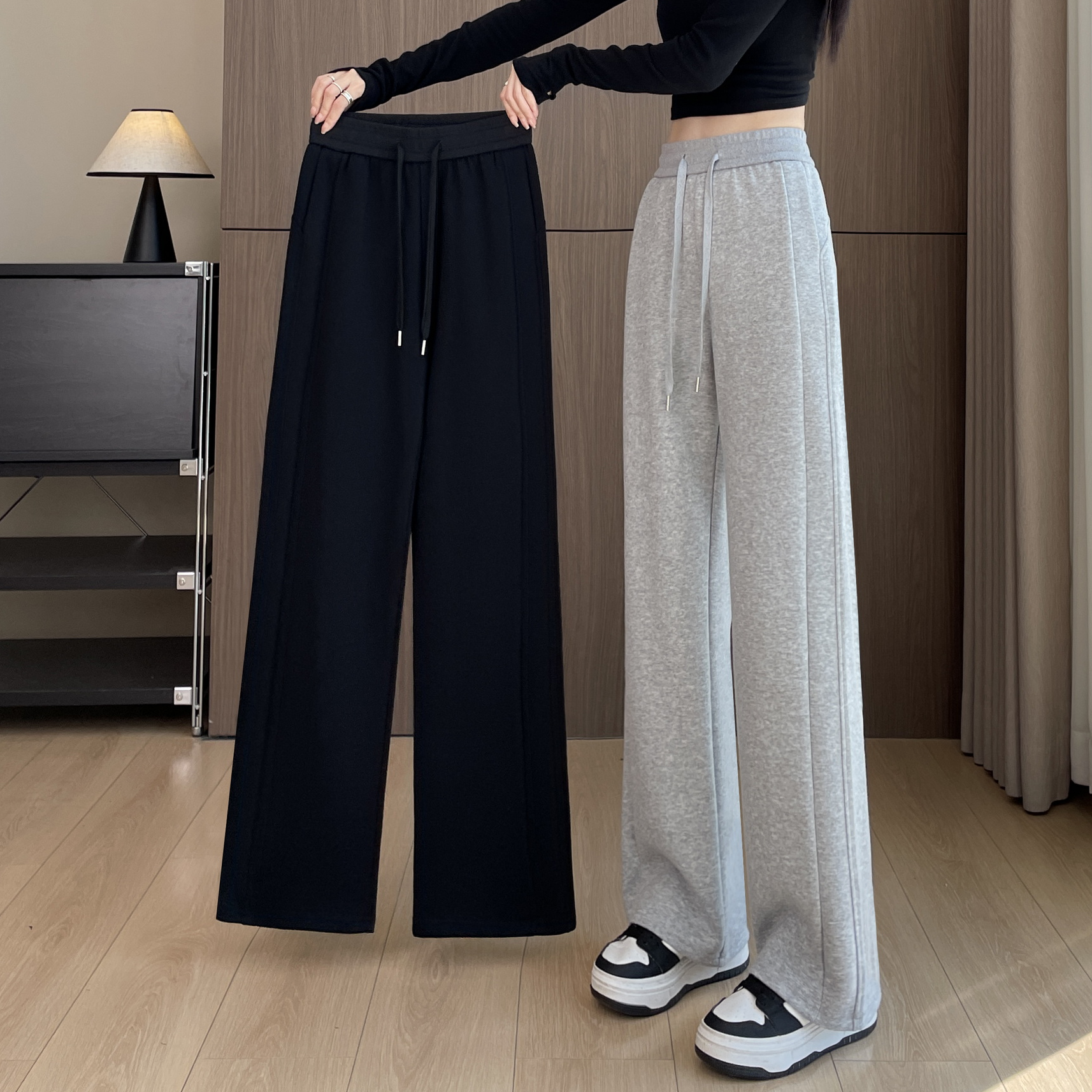 窄版香蕉裤女2025新款秋冬季加绒灰色纯棉运动休闲卫裤直筒阔腿裤