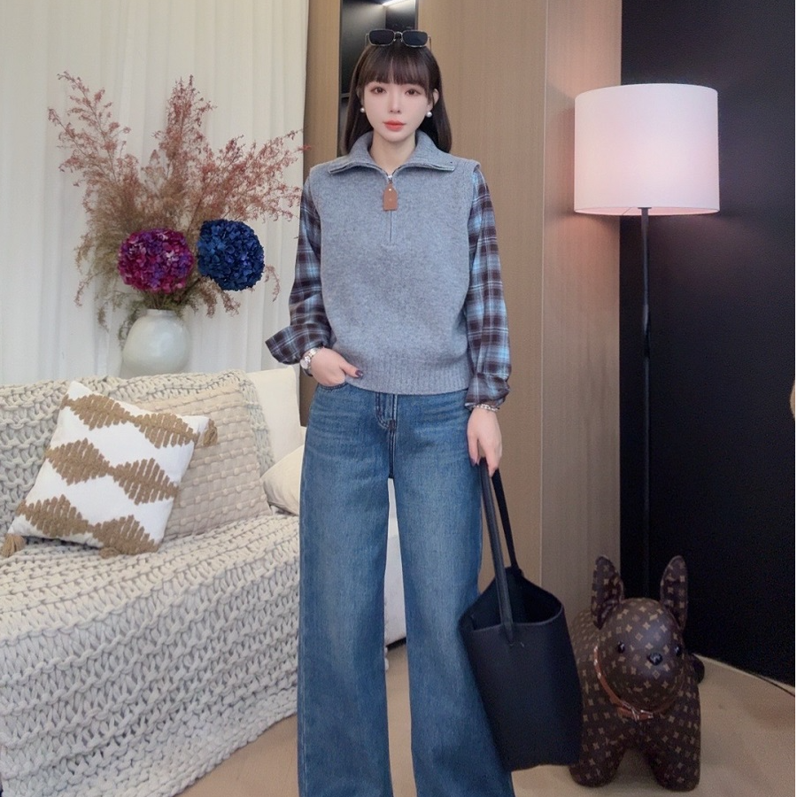 Nana-原创设计师 新款拼衬衣半拉链套头羊毛毛衣#8837