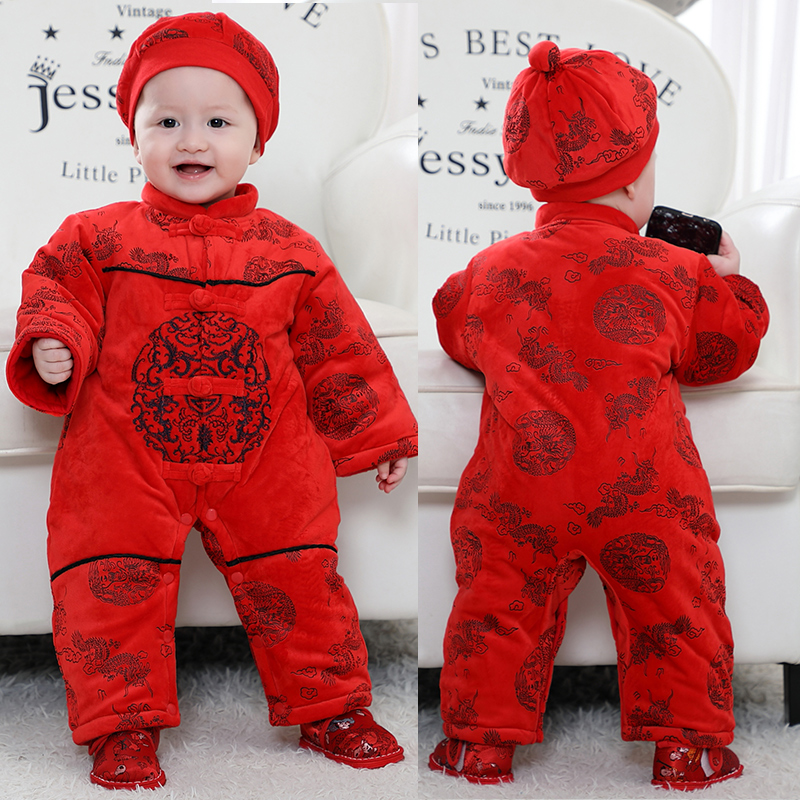 宝宝长袖夹棉加厚连体衣中国风百天服1886