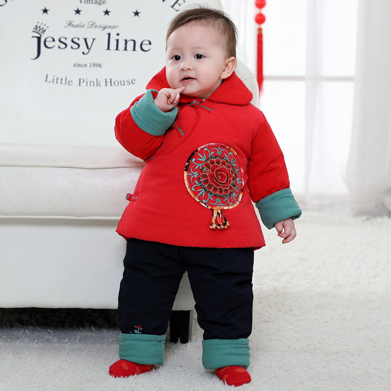 女童唐装秋冬婴儿棉衣套装女宝宝百天周岁礼服红色拜年服 1809