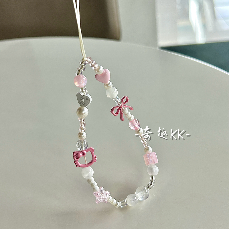  卡通KT猫粉色少女diy手机链挂绳串珠ccd相机挂链挂件ins链条美