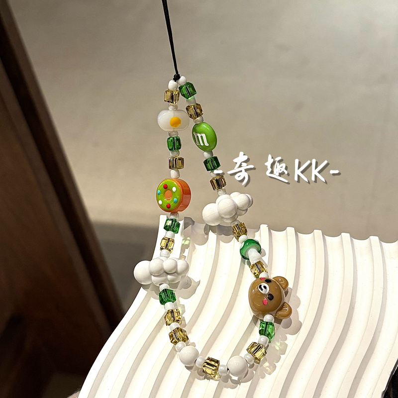 原创自制可爱小熊云朵绿色串珠手机链ccd相机挂饰手机壳挂绳ins风