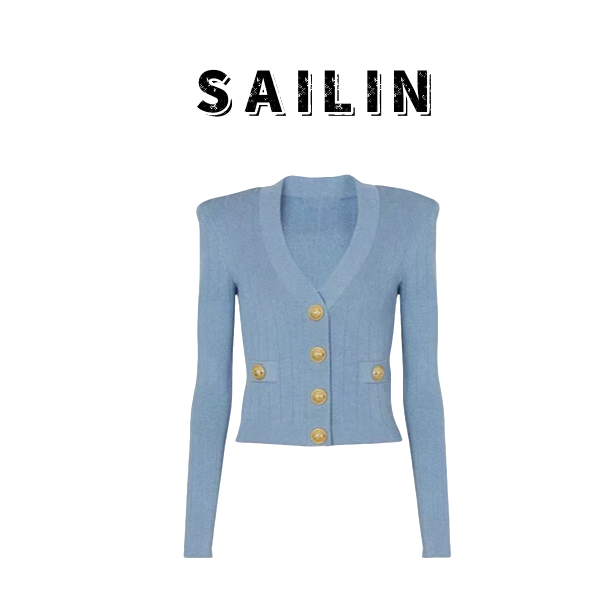 SAILIN 早秋黑白时尚新品百搭V领小香风针织开衫上衣女外套-8304