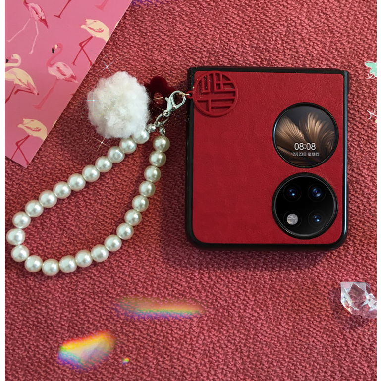 华为p50 pocket 2手机壳折叠屏新款本命红手提创意个性皮质保护套
