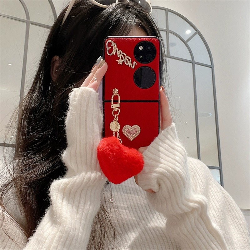 华为p50 pocket s手机壳奢华水钻水貂绒爱心毛绒吊坠防摔女保护套