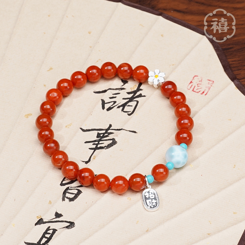 天然南红手串搭配纳福吊坠龙年海纹石百搭手链多样性发颜色微差