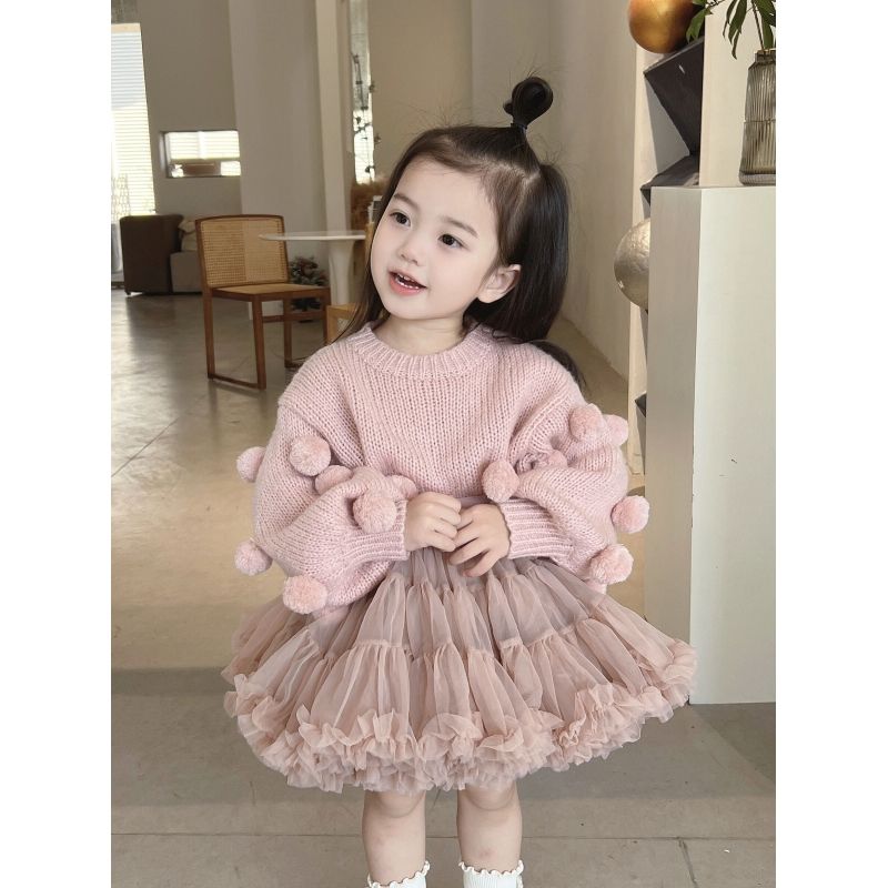公主风tutu裙女童蓬蓬裙奶茶色秋冬手工毛球针织上衣套头毛衣儿童