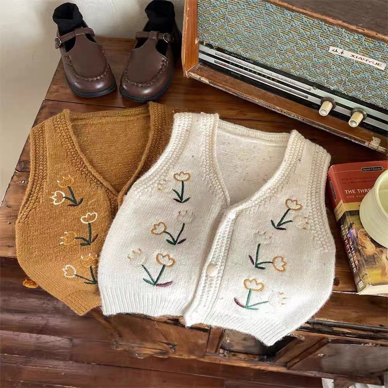 女童毛衣马甲2023秋季新款背心刺绣花朵针织开衫外穿坎肩童装儿童