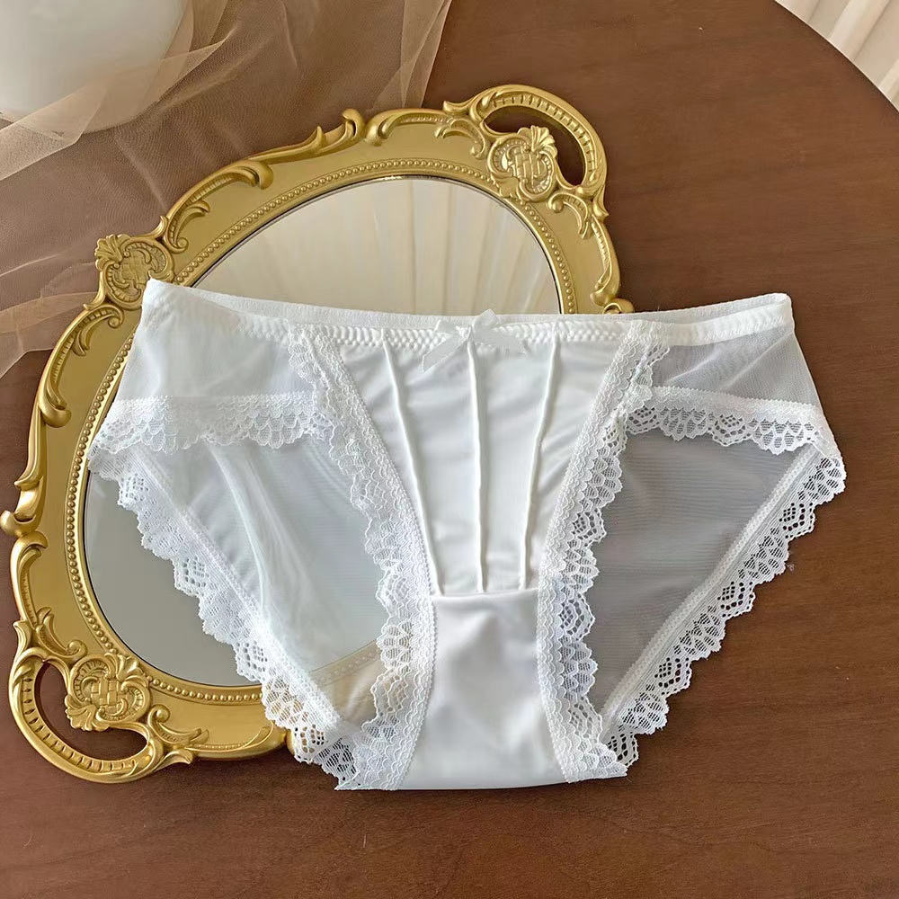 GIRLVENUS夏季性感缎面少女内裤女中低腰法式蕾丝边网纱棉裆三角2