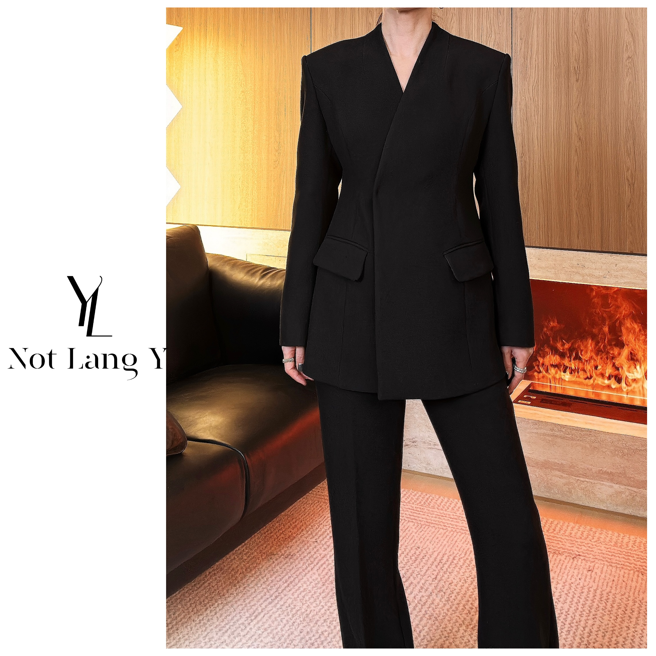LangY冬季厚款国风极简无领黑色收腰显瘦西装喇叭裤套装
