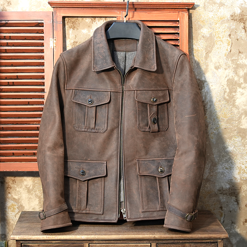 真皮皮衣男新款纯变色头层小牛皮复古做旧驼色修身硬汉美式皮夹克