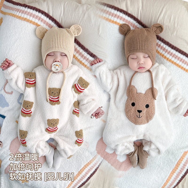 婴儿连体衣加绒加厚珊瑚绒家居服男女宝宝爬服睡衣爬服哈衣0-3S岁