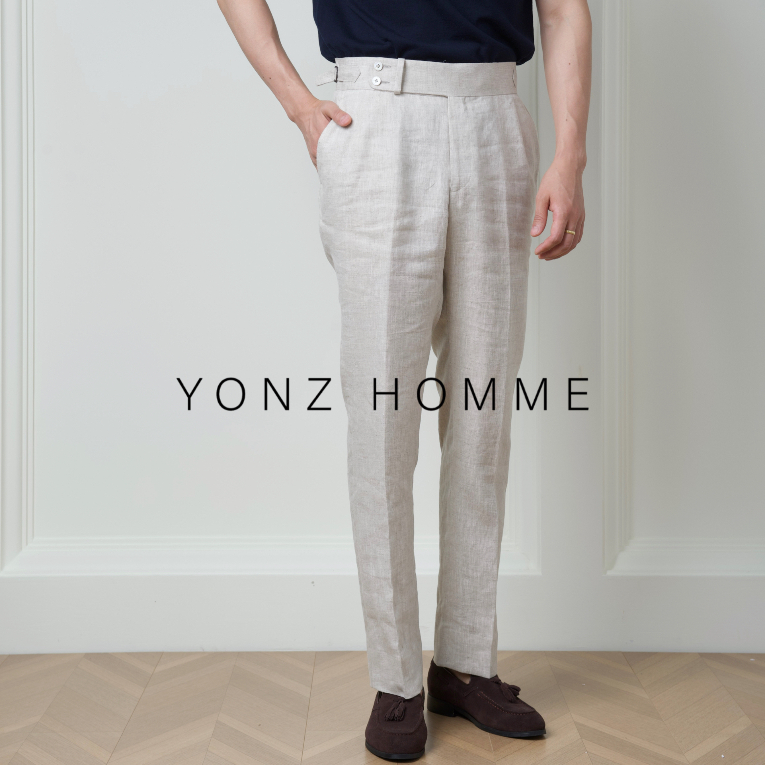 YONZHOMME男士亚麻西裤高腰那不勒斯裤修身长裤时尚百搭薄款休闲