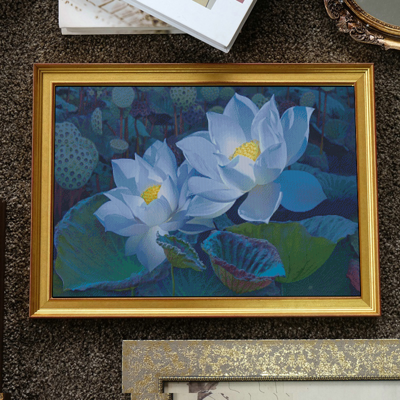 荷中莲十字绣现代2023新款客厅满绣大幅大气自己绣手工莲花荷花