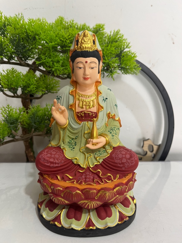桧木观音彩绘观音实木观音木雕工艺品摆件18/10