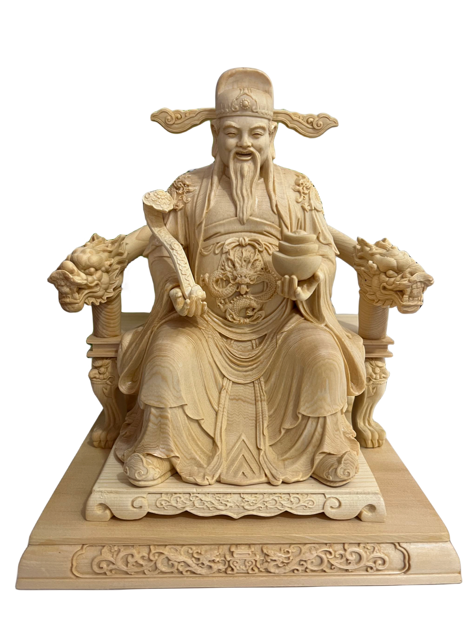 桧木坐款财神爷实木财神木雕工艺品22/18/15