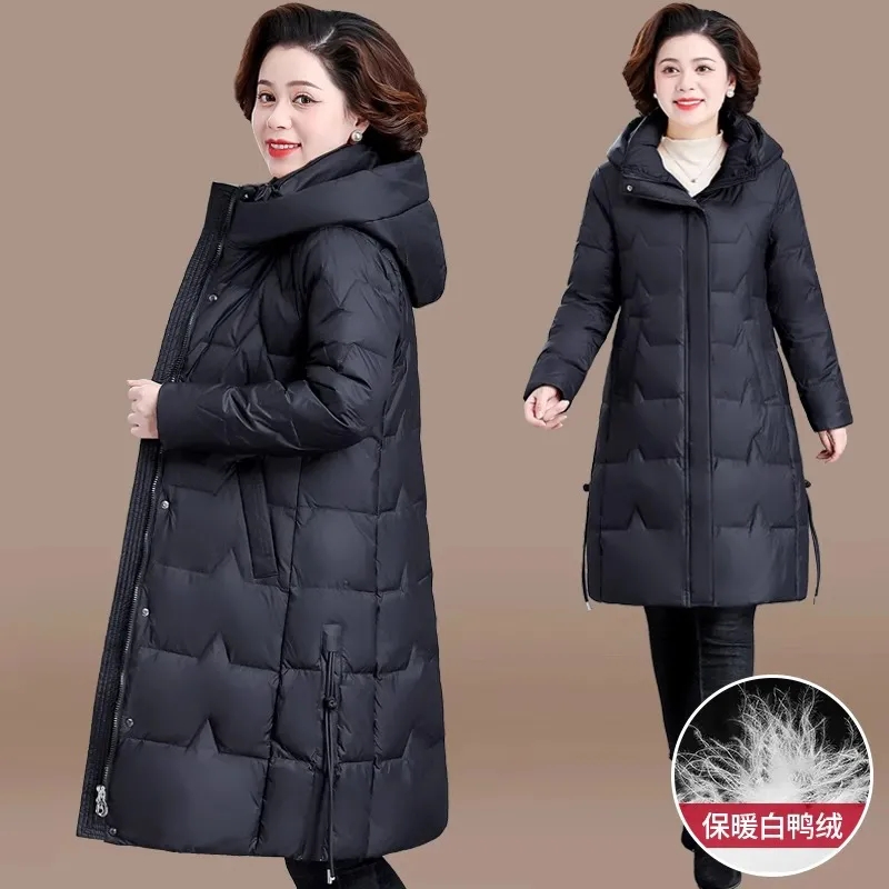 中年妈妈冬季羽绒服长款黑色棉袄保暖加厚棉衣女中老年人冬装外套