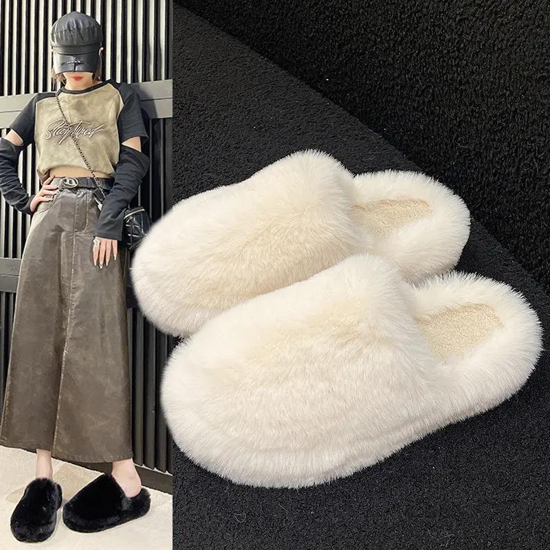 2023秋冬季新款毛绒家居厚底毛绒棉拖鞋包头毛毛拖鞋女外穿网红