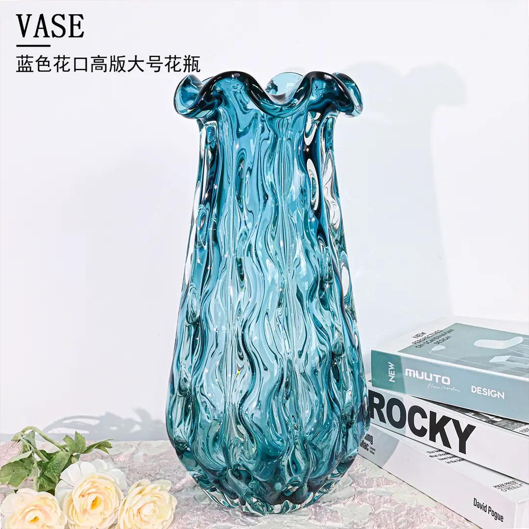 [色彩]欧式轻奢简约清新蓝色波浪高款桌面艺术创意琉璃花瓶J273