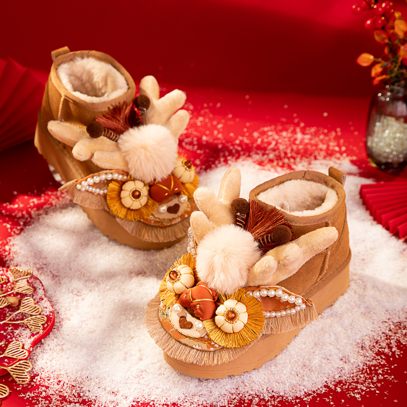 原创国风毛毛棉靴龙头短靴手作虎头鞋加绒加厚保暖可爱雪地靴短筒