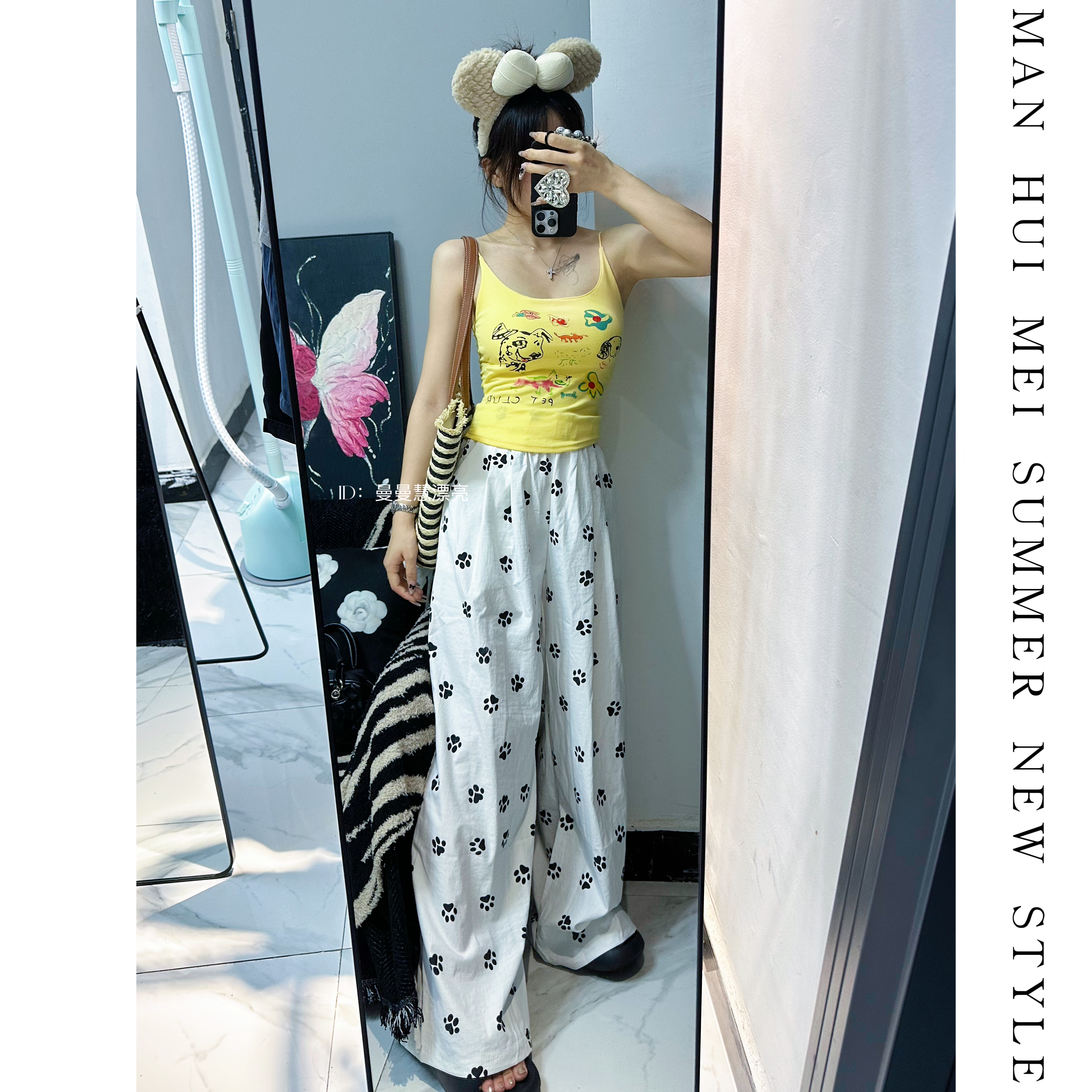 小狗裤子【小狗日记】夏季新狗爪印花小众百搭休闲高腰阔腿裤A23