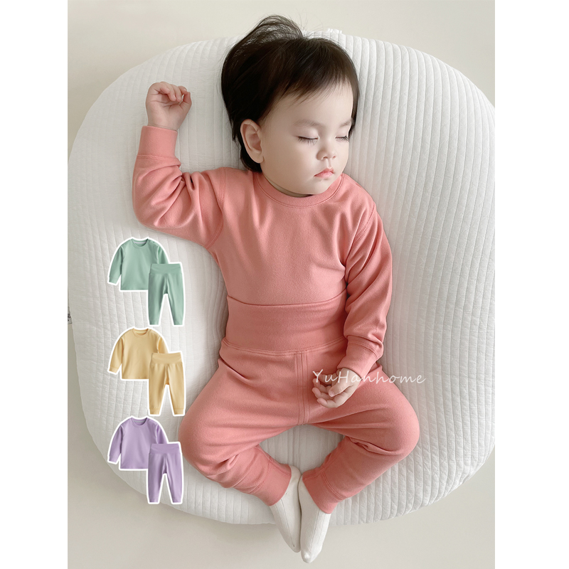 宝宝高腰护肚套装德绒保暖无骨纯色内衣套装婴儿保暖衣套装秋冬